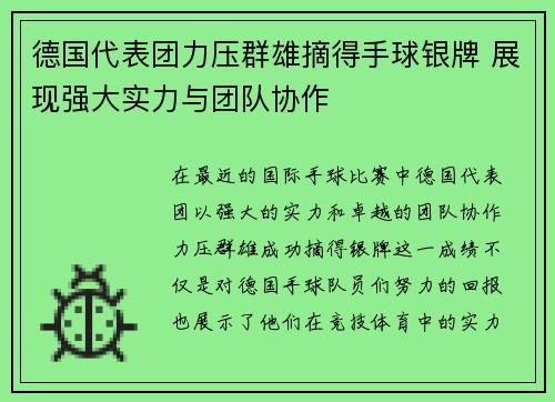 德国代表团力压群雄摘得手球银牌 展现强大实力与团队协作