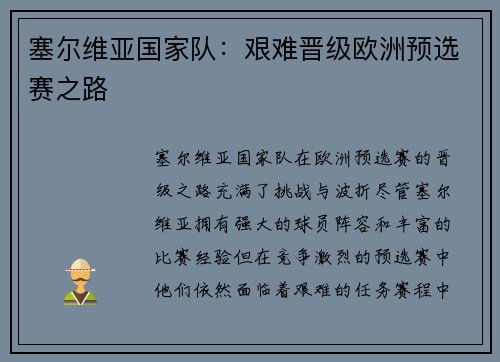 塞尔维亚国家队：艰难晋级欧洲预选赛之路