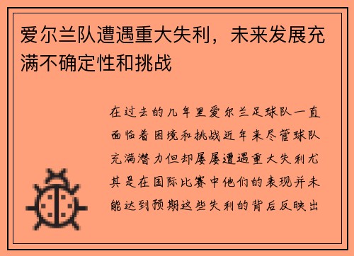 爱尔兰队遭遇重大失利，未来发展充满不确定性和挑战